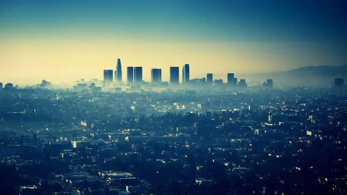Distant high-rise skyline emerging through layered urban haze