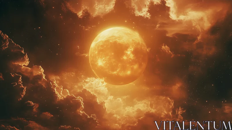 Glowing golden moon cradled by dreamy twilight clouds.