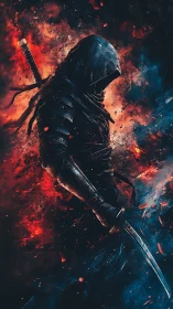 Hooded sword figure amid red and blue abstract energy field.