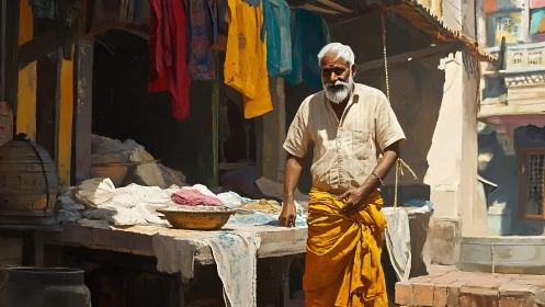 Elderly man arranging laundry in a sunlit market alley.