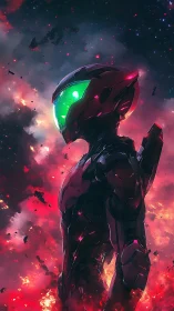 Armored space warrior in red nebula with green visor.