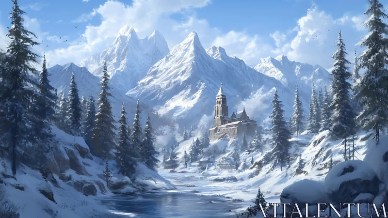 Snowy mountain castle in remote winter valley landscape.