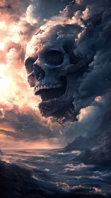 Colossal skull storm looming above a dark, raging sea.