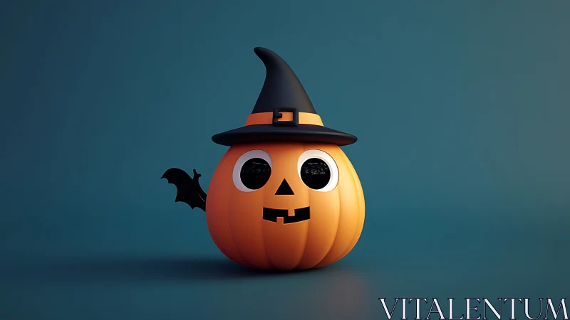 3D jack o lantern with witch hat on plain teal background.