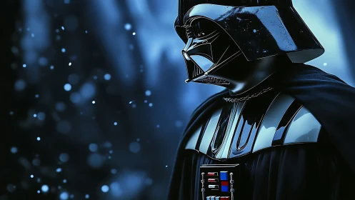 Dark armored figure stands in glowing blue bokeh haze.