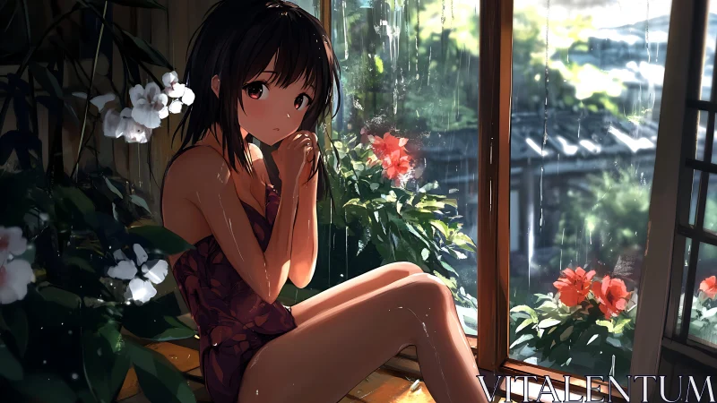 Rain-soaked anime girl by window with flowering garden view