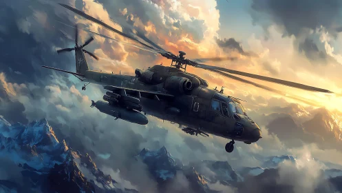 Attack helicopter banking through stratified alpine stormlight.