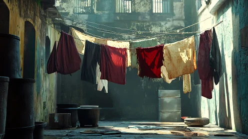 Laundry hanging across narrow sunlit courtyard in decay.