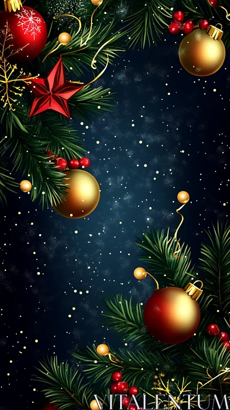 Christmas border with baubles on dark starry background.