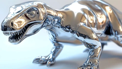 Shiny Chrome Dinosaur Sculpture in Futuristic Art Style.