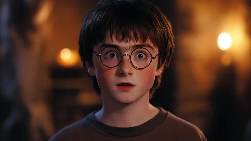 Close-up of shocked boy with round glasses in warm bokeh light