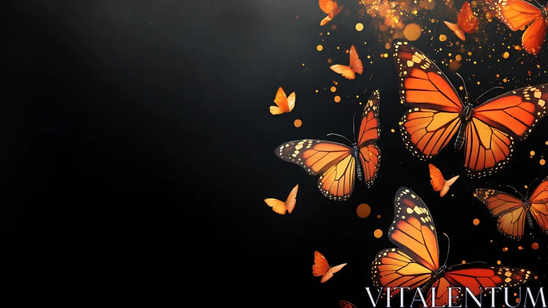 Orange butterflies on dark background in scattered formation.