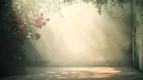 Sunlit roses in a secluded weathered courtyard corner.