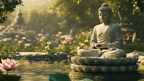 Stone Buddha lets sunrise and lotus whispers share quiet tales