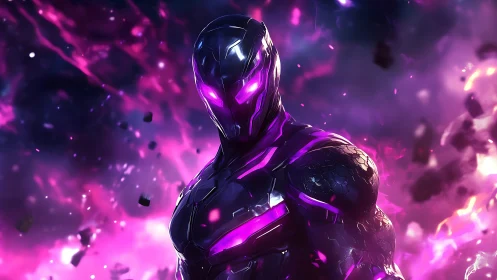 Neon armored cyber warrior amid erupting cosmic vortex.