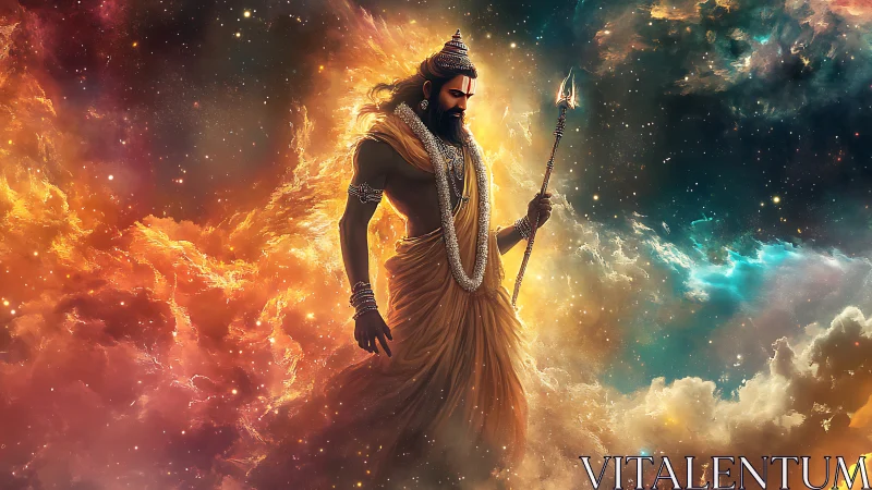 Radiant celestial guardian walking through glowing starlit clouds.