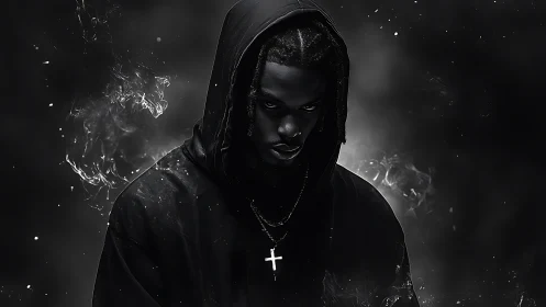 Midnight hooded figure sharpens shadows with a silent glare