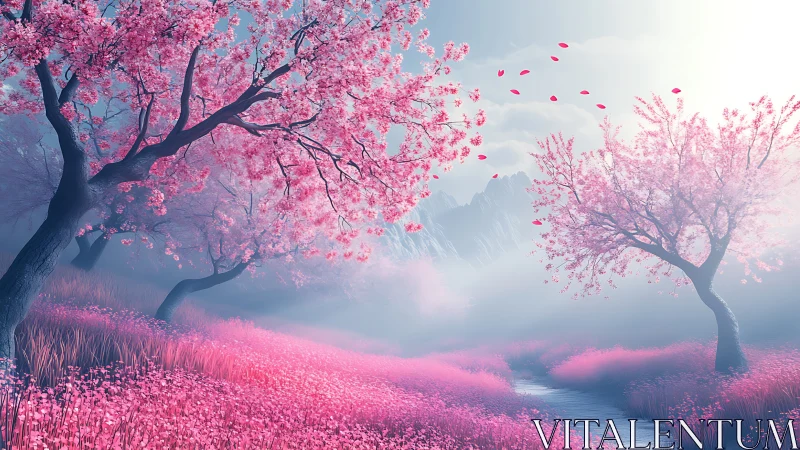 Gentle cherry blossom valley drifting in soft morning light.
