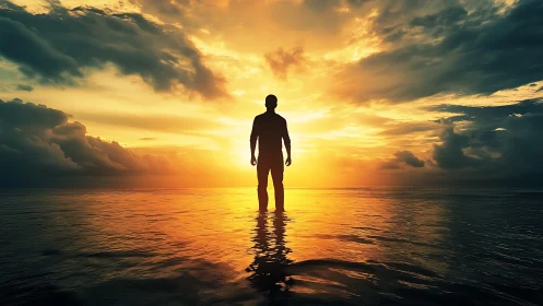 Silhouette of solitary figure over reflective sea at sunset.