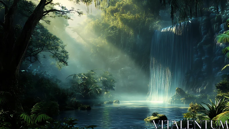 Mystic jungle waterfall under radiant morning beams