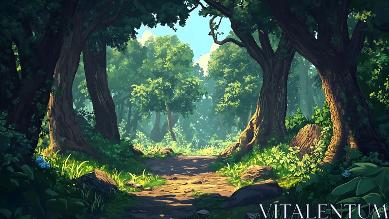 Luminous Forest Passage: Ancient Giants Cradle Sunlit Sanctuary