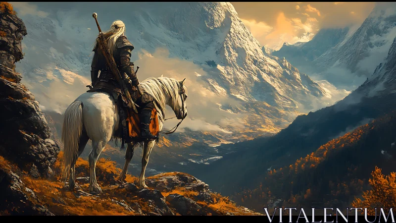 Mounted swordsman surveying glacial valley under amber sky.