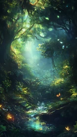 Luminescent Forest Cavern with Bioluminescent Stream.