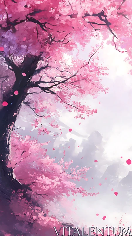 Cherry blossom canopy over bright drifting clouds.