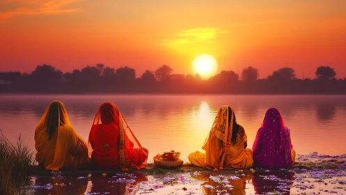 Women in Traditional Sarees by River at Sunrise, Vibrant Cultural Scene.