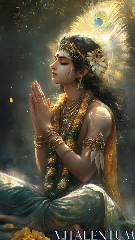 Radiant deity in prayerful calm amid luminous petals and light.