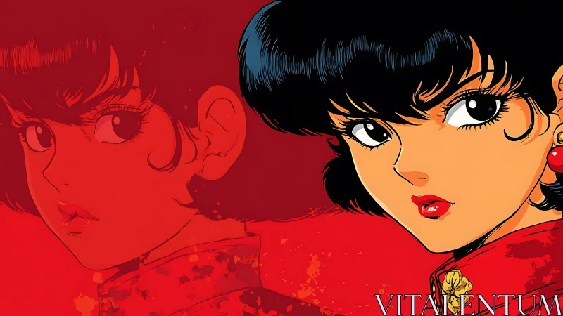 Red-lit anime heroine portrait with bold mirrored profile.