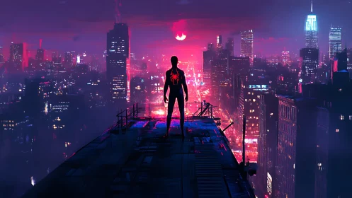 Silhouetted hero overlooks neon cyberpunk city skyline.