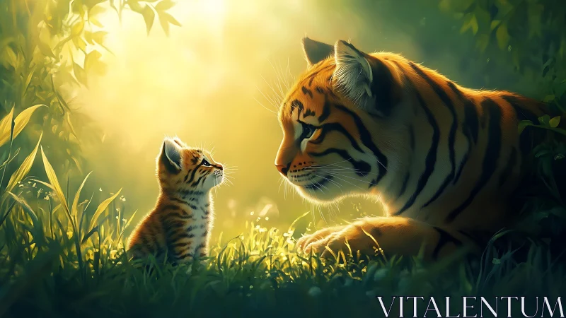 Mother Tiger and Cub Meeting in Golden Sunlit Grassland