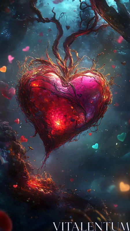 Glowing heart structure suspended in atmospheric space