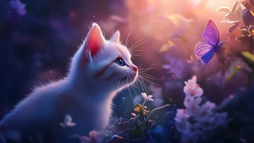 White Kitten Observing Purple Butterfly in Floral Garden.