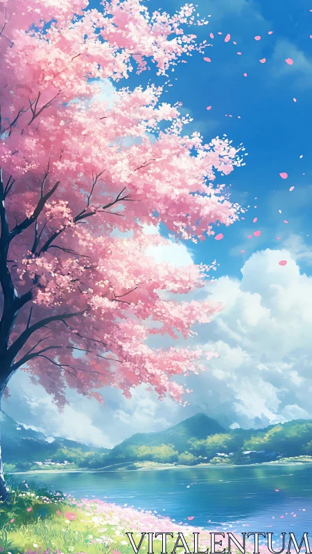 Sakura tree overlooks tranquil lake under clear spring sky