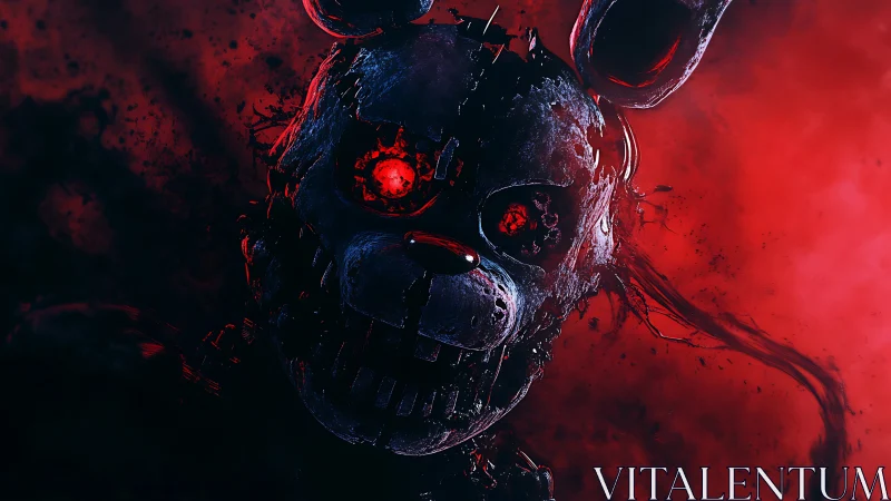 Corroded animatronic rabbit with red optical core exposed.