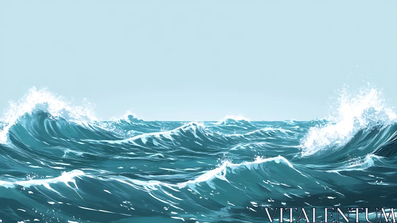 Ocean waves rise and break under a clear pale blue sky.