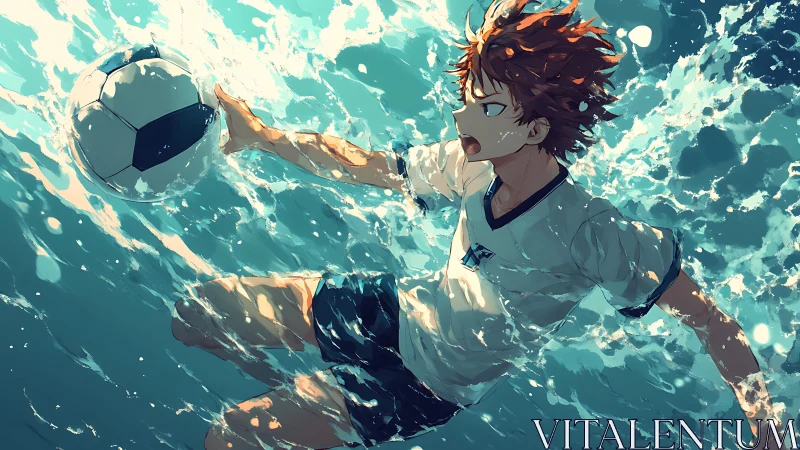 Anime soccer player dives underwater to save the ball.