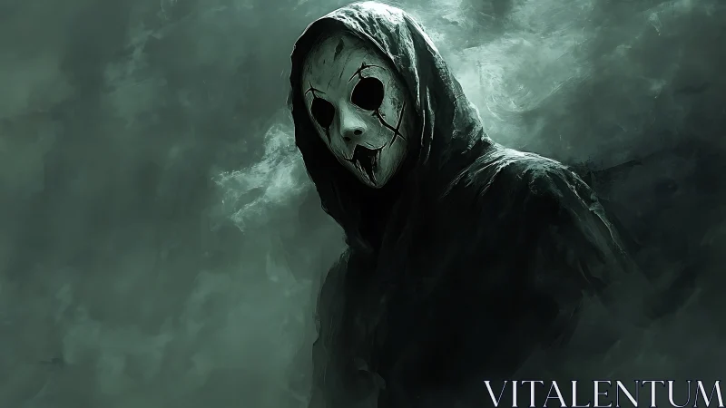 Mysterious hooded figure emerging through swirling fog.