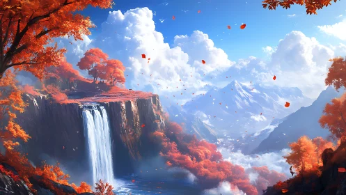 Crimson forest frames radiant waterfall above misty valley