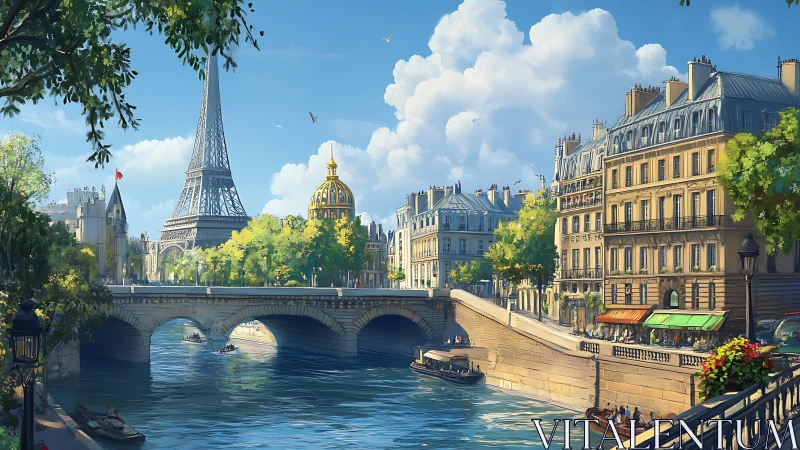 Digital painting of Parisian riverside architecture and bridge vista.