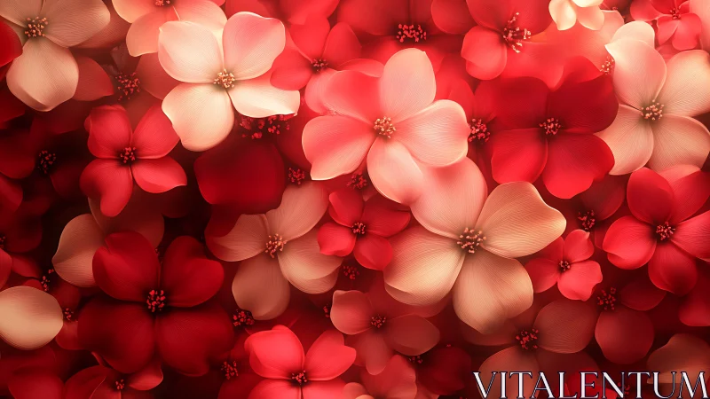 Layered Floral Composition in Red Tones: Digital 3D Rendering.
