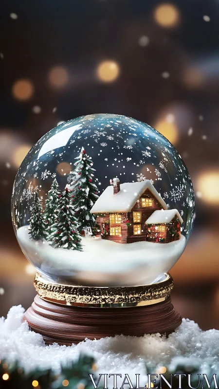Cozy winter cottage glowing inside a magical snow globe.