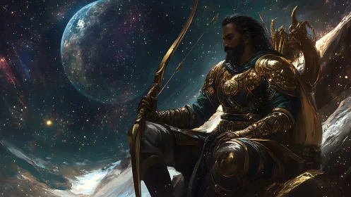 Star crowned archer rests on a cosmic ridge in golden armor