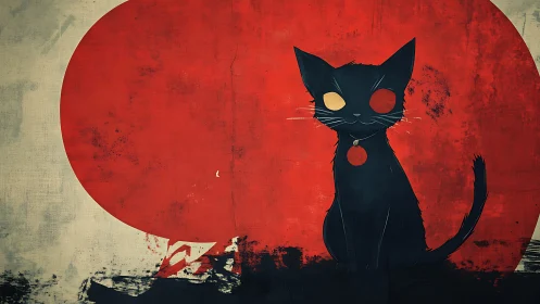 Black cat silhouette before textured red circle background.