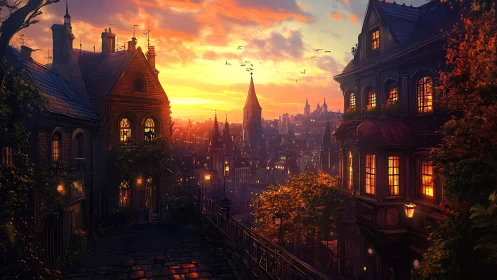 Digital painting of sunset-lit old town street perspective.