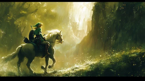 Mounted forest adventurer entering volumetric light corridor.