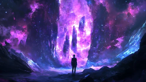 Stargazer silhouetted before luminous cosmic rift portal.