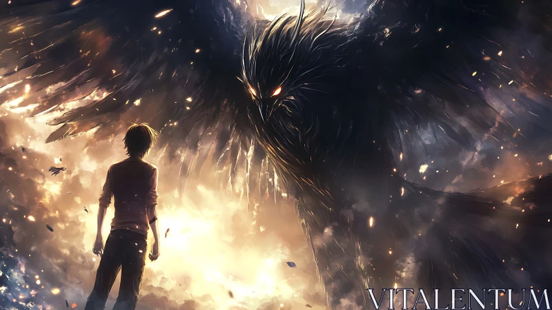 Figure faces large winged entity amid luminous cloud field